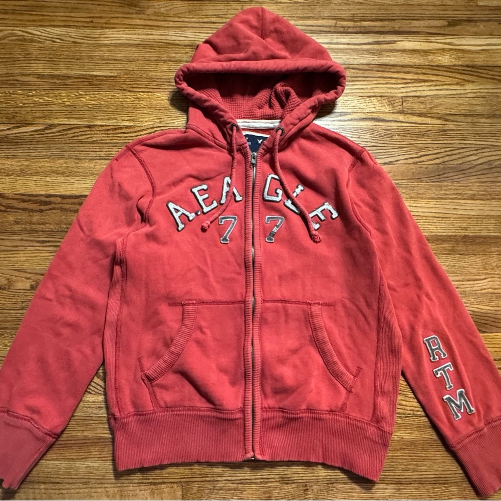 Mens American Eagle Y2K Red/Grey Full Zip Hoodie Embroidered Size L